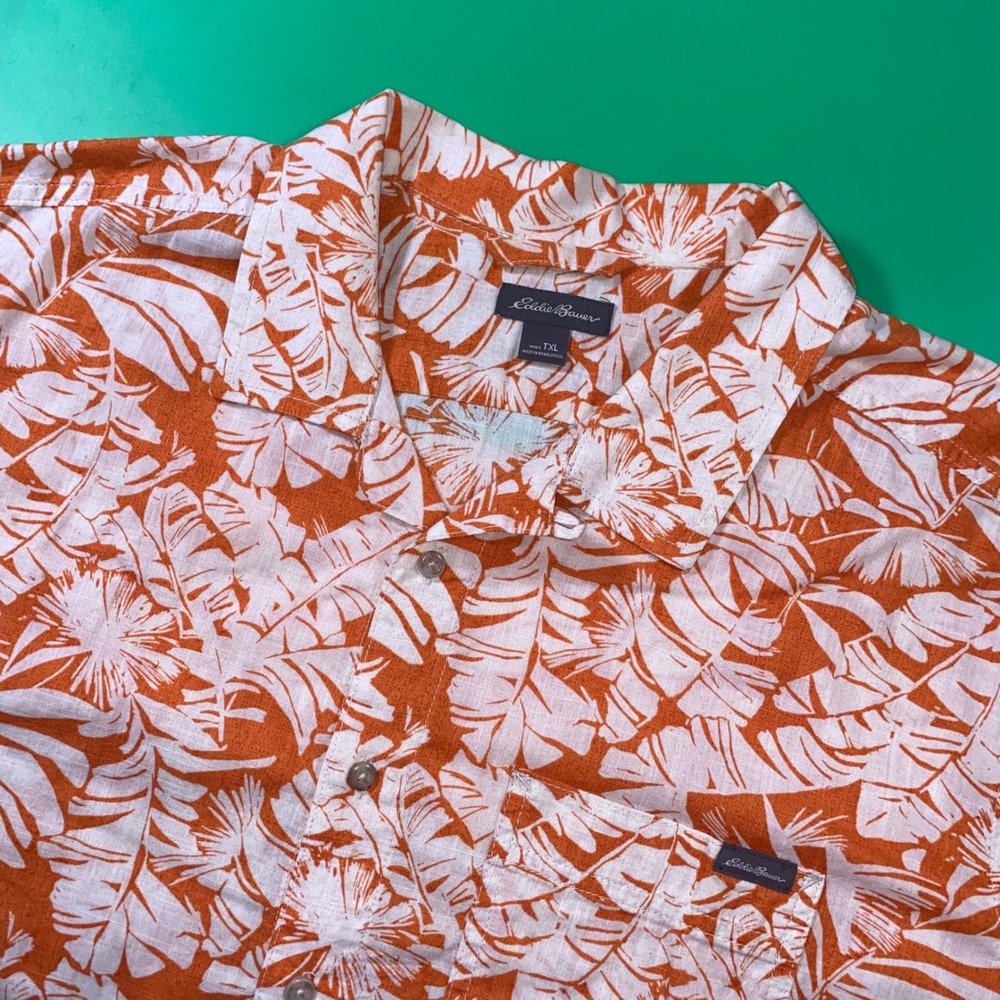 Eddie Bauer Mens TXL Button Down Shirt Tropical Leaf Print Orange Casual